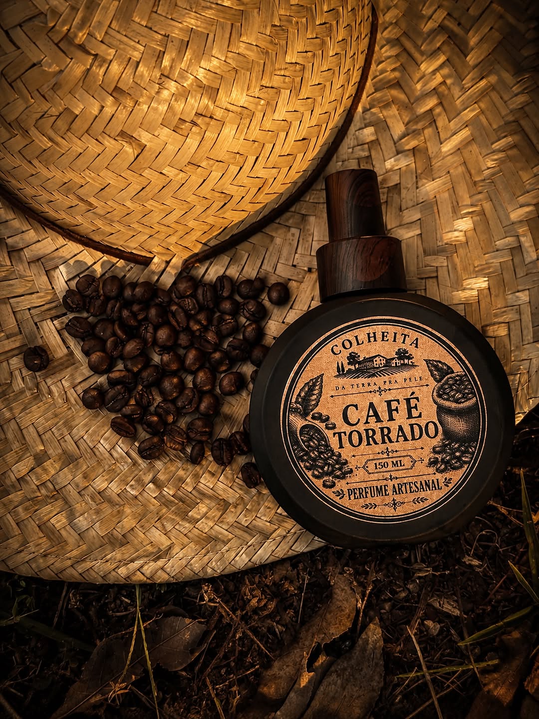 Perfume masculino Café Torrado da Colheita Farm sobre chapéu de palha com grãos de café